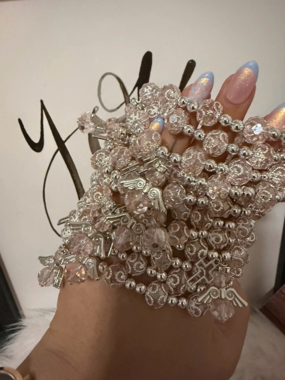 Silver and Light Pink Beaded Charm Bracelet Stack
